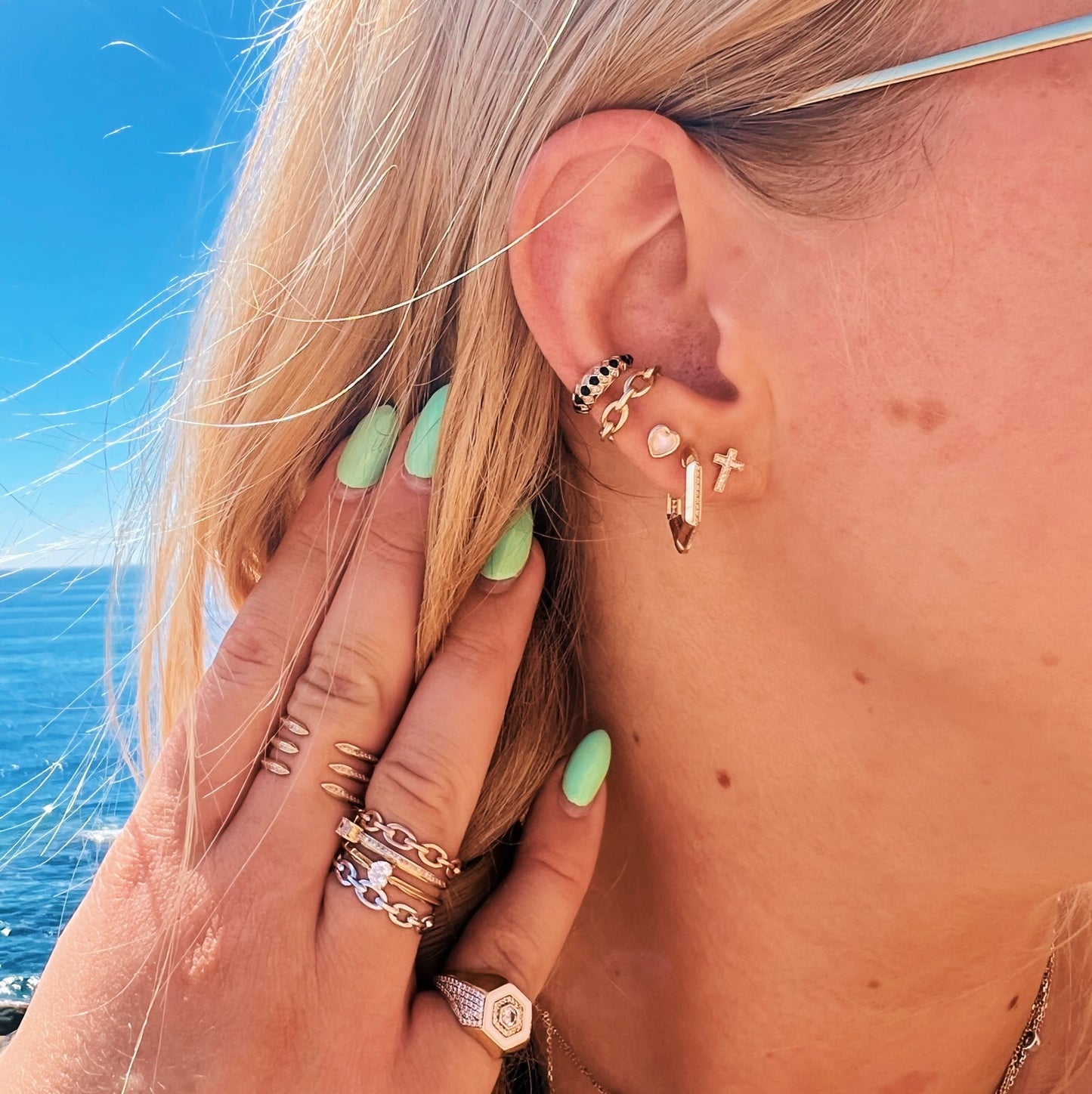 Checkerboard Diamond & Black Enamel Ear Cuff