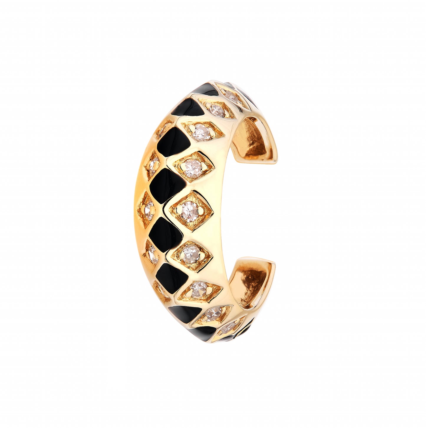 Checkerboard Diamond & Black Enamel Ear Cuff