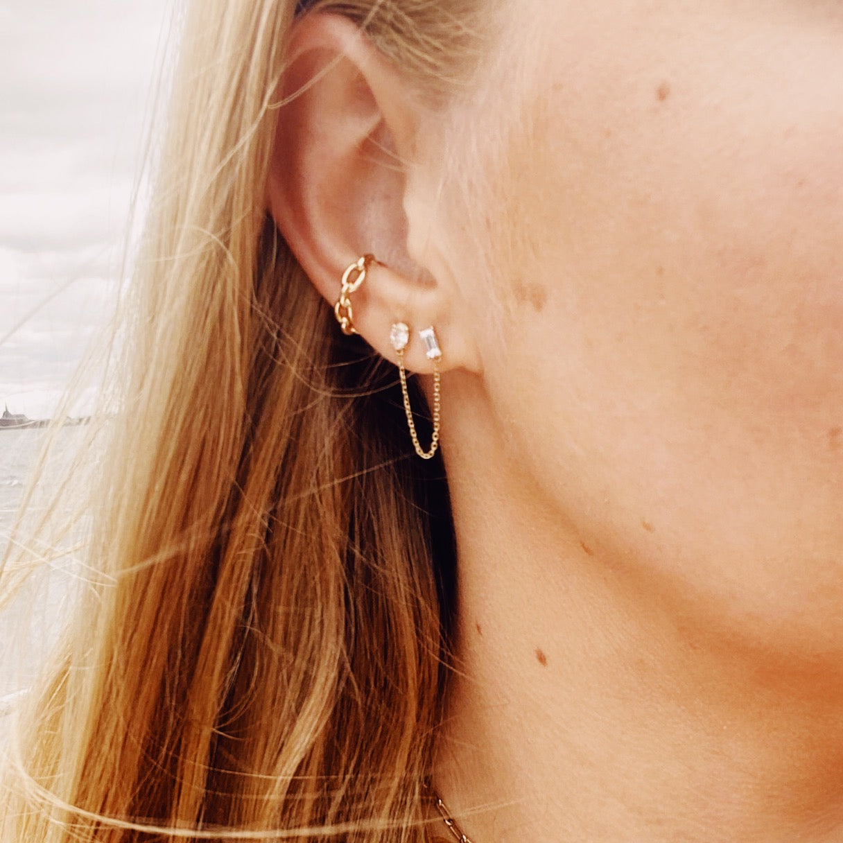 Chained Baguette & Oval Diamond Studs