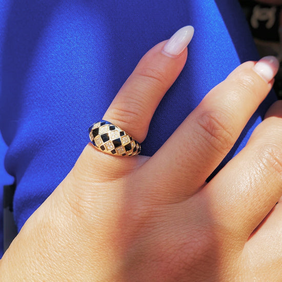 Checkerboard Diamond & Black Enamel Pinky Ring